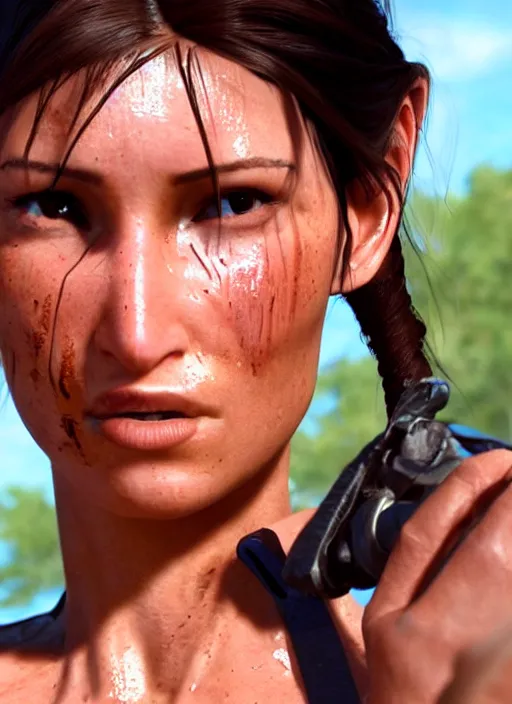 Image similar to an film still of lara croft face getting sweat because of the sun heat, she looks thirsty