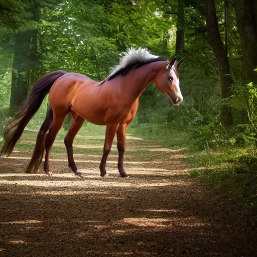 Image similar to two horses lying on the woods path, having arrows on their body, photo, 8 k