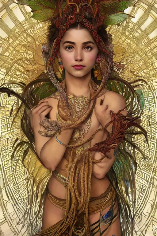 Image similar to an immaculate render of a tribal goddess adorned with leaves and cables and bird wings posing in a temple surrounded by wild tentacles made from mandalas and incense smoke, full body, perfect face, powerful, cinematic, beautifully lit, by artgerm, by alphonse mucha, by karol bak, 3 d, trending on artstation, octane render, 8 k