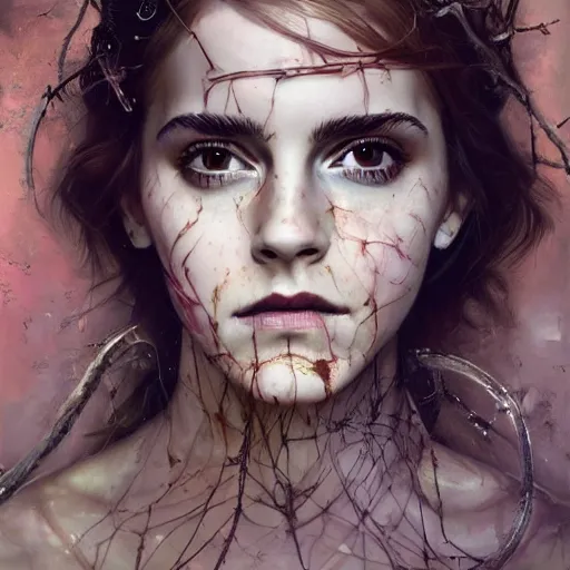 Image similar to emma watson expressive oil painting, of helena bonham carter mixed with sophia lauren, bumpy mottled skin full of blood and scars, ornate headpiece made from crystals, cables and wires, body horror, by yoshitaka amano, by greg rutkowski, by jeremyg lipkinng, by artgerm, digital art, octane render