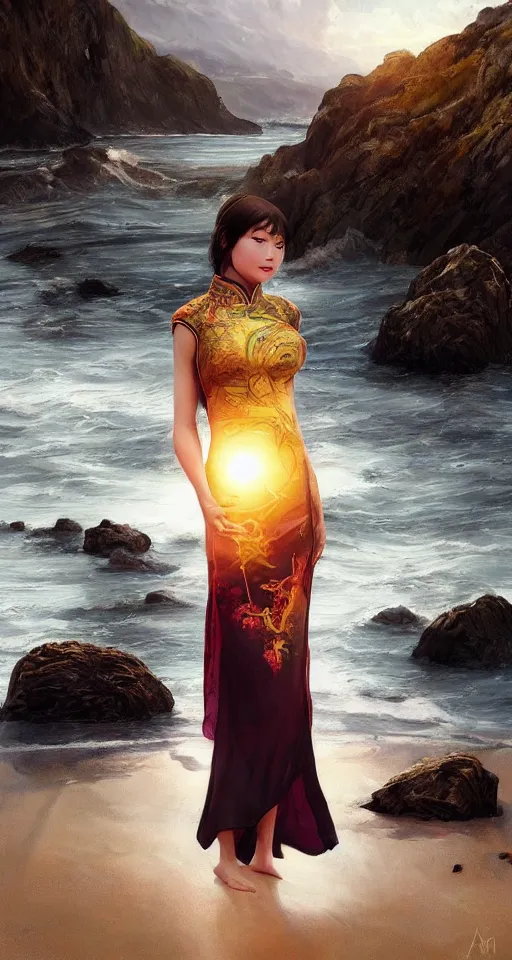 Image similar to ! dream photorealistic long shot of a dark mystical goddess wearing a qipao dress, big sun rough sea and jagged rocks, nets, plastic bottles, garbage, sand and sea, golden hour, ao dai, environmental, fantasy, atmospheric, hyper realistic, artstation, art by artgerm, andres rodriguez and john william waterhouse