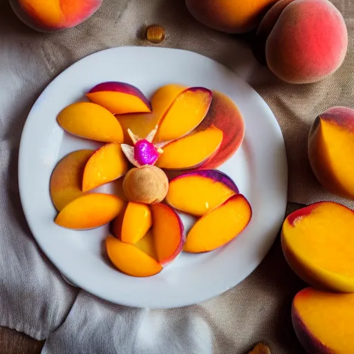 Image similar to beautiful photo a fairy made of peaches, mangoes and sprinkles, on a white plate, dslr