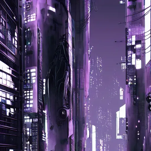 Image similar to Futuristic Concrete Dense Tokyo in style of Tsutomu Nihei in purple and black tones. ArtStation, Cyberpunk, vertical symmetry, 8K, Highly Detailed, Intricate, Album Art.