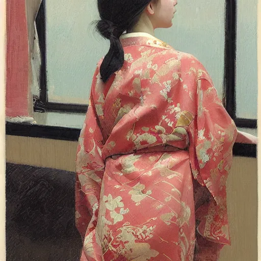 Image similar to girl with long wavy hair, in kimono with koi pattern, backview, sitting on edge of bed, by jeremy lipking, serge marshennikov, joseph todorovitch