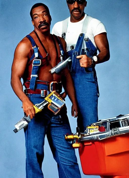 Image similar to an 8 0's john alvin action movie poster starring eddie murphy face as a plumber to rich people. bathroom. overalls. tool belt. the movie is called beverly hills crap