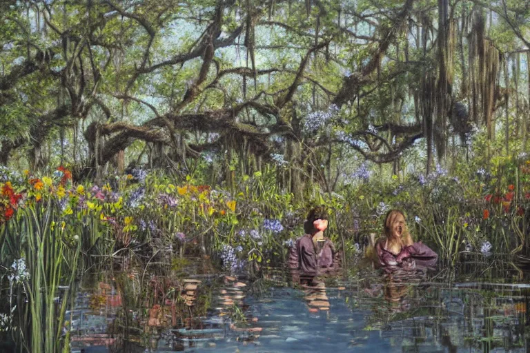 Image similar to hyperrealism oil painting, scene from louisiana swamps, spaceship sank, spring blooming flowers garden, true detective, artwork 8 0 s japanese sci - fi books art