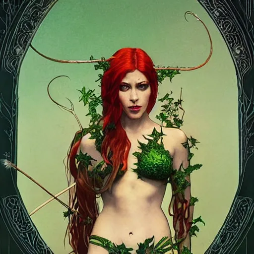 Image similar to a stunningly detailed tarot card of a beautiful alison hannigan dressed as poison ivy with white skin and with hair pulled up in a ponytail, dark eyeliner, intricate, elegant, highly detailed, digital painting, artstation, concept art, sharp focus, illustration, art by greg rutkowski and alphonse mucha