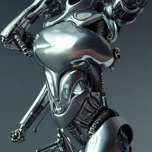 Image similar to edgy futuristic cyborg, chrome motorcycle parts, full body, cinematic lighting, highly detailed, intricate, trending art station, concept art, Unreal Engine 5, Photorealism, 8k resolution, cinema 4d, 3D, octane render, beautiful, art by artgerm and greg rutkowski and alphonse mucha and loish and WLOP