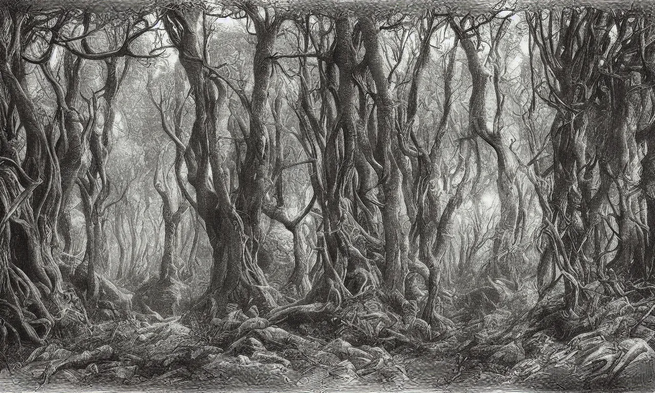 Image similar to an engraving of the interior of a dark forest, wistman's wood by gustave dore, ian miller, highly detailed, storybook illustration, lithograph engraving