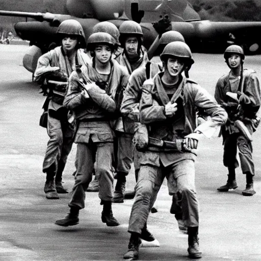 Image similar to BTS boyband fighting in the Vietnam war, historical photo, vintage photo, 1965