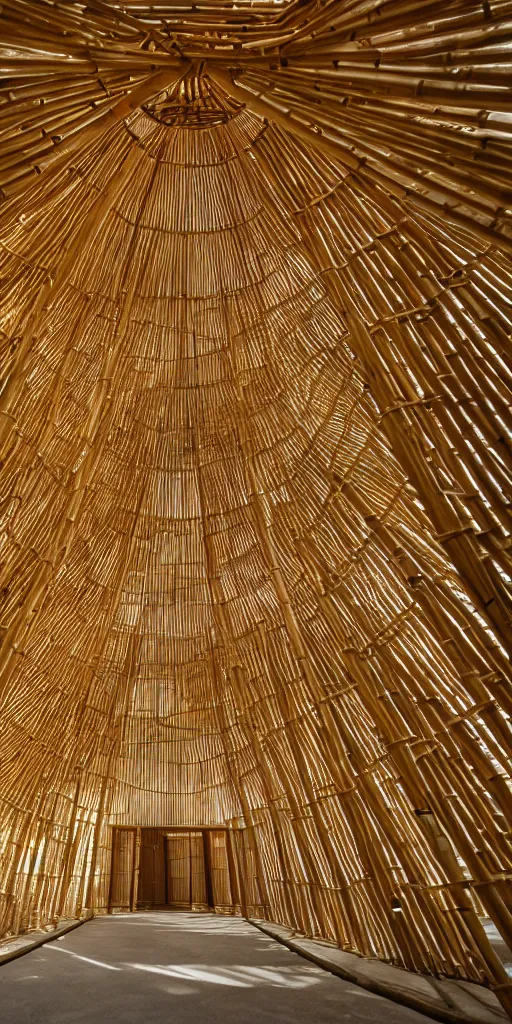 Prompt: inside small pavilion made of bamboo. complex vaulting structure with many thin columns. architectural photography. coronarender, 4 k, 8 k. volumetric lighting.