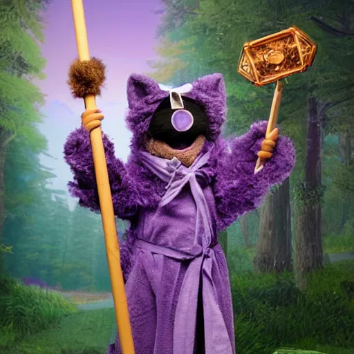 Image similar to a fox druid wizard as a fluffy muppet plush wearing a vaporwave nostalgic cloak and holding a staff made from a stick with an amethyst gemstone tied at the top with dnd dice scattered around it, photorealistic, photography, national geographic, sesame street