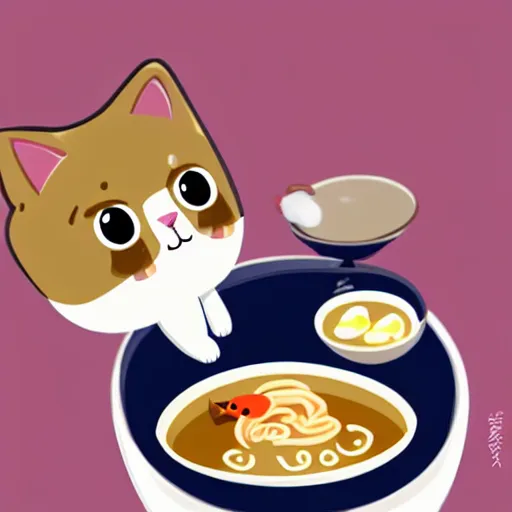 Prompt: a cute kawaii cat eating a bowl of ramen