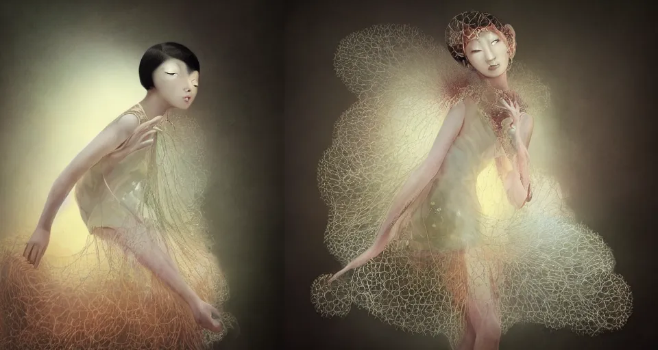 Image similar to closeup shot of asian female wearing a luminous soft fragile jelly fish dress, by ray caesar, by louise dahl wolfe, by andrea kowch, by anna claren, surreal photography