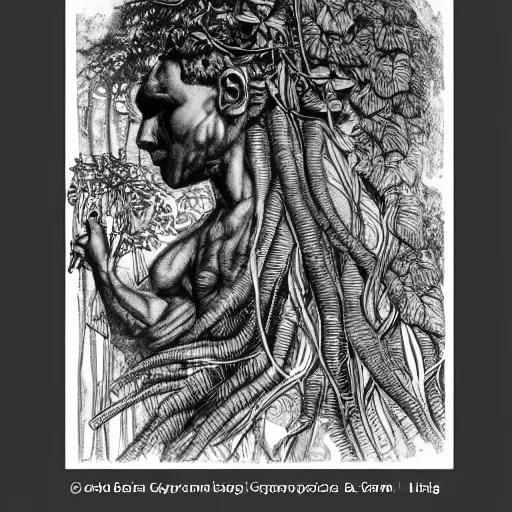 Image similar to botanical sketch of The thinker sculpture with a mechanical/cybernetic head, mushrooms and peyote/san pedro at the base, surrounded by a lush jungle and morning glory vines, high detail, b&w,