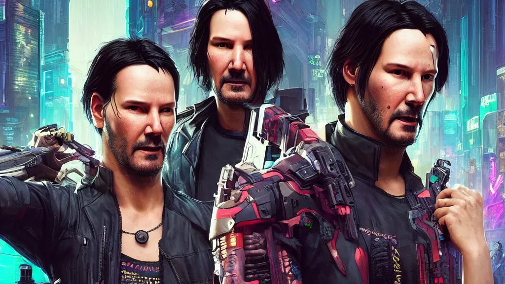 Image similar to a cyberpunk 2077 srcreenshot couple portrait of a Keanu Reeves holding a female androids,love,film lighting,by Laurie Greasley,Lawrence Alma-Tadema,Dan Mumford,John Wick,Speed,Replicas,artstation,deviantart,FAN ART,full of color,Digital painting,face enhance,highly detailed,8K,octane,golden ratio,cinematic lighting