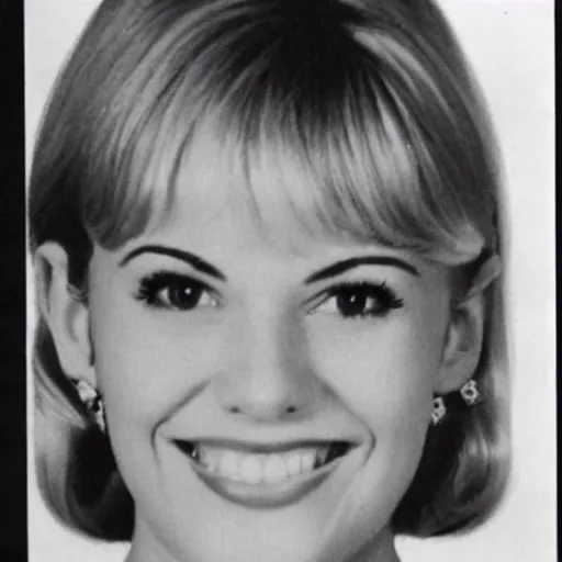 Image similar to a yearbook photo of Betty Cooper in 1966, she has a ponytail and bangs