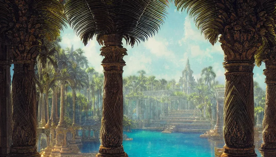 Prompt: a ultradetailed beautiful painting of the amazonas palace balustrade designed by gustave dore, derek zabrocki, greg rutkowski, belsinski, beach, trending on artstation, mediterranean, palm trees, sharp focus, colorful refracted sparkles and lines, soft light, 8 k 4 k