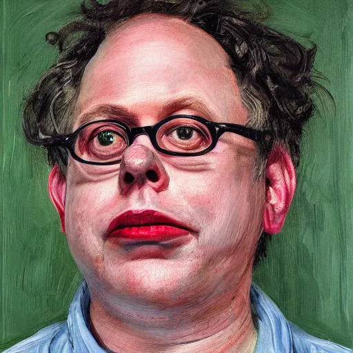 Image similar to high quality high detail painting of todd solondz portrait, happy, showing strong content, pleasure, or fun ; full of joy, by lucian freud and francis bacon, hd, photorealistic lighting