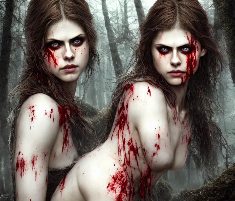 Image similar to photo of a gorgeous nordic female, covered in blood, in dark forest, alexandra daddario face!, realistic, sharp focus, hdr, 8 k, high definition, insanely detailed, intricate, elegant, art by stanley lau and artgerm, luis royo, greg kutkowski