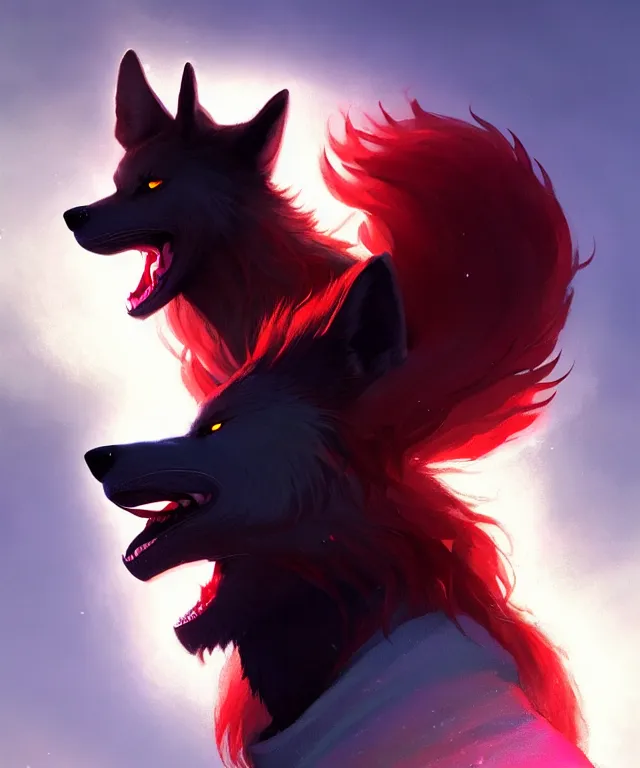 Prompt: award winning painting of a anthropomorphic black male wolf person with long red hair | | concept art, volumetric lighting, highly detailed, photorealistic, by greg rutkowski and cory loftis trending on artstation