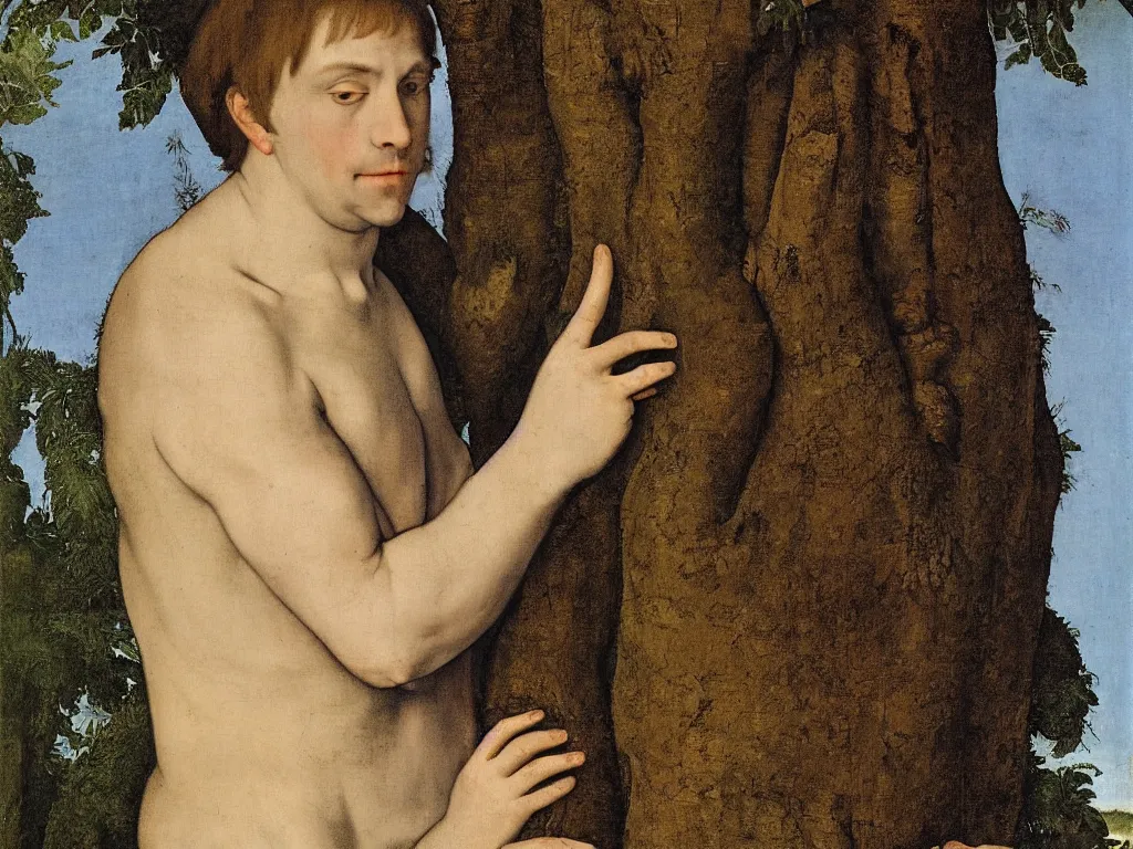 Prompt: Portrait of a young man dressed in white embracing a tree. Painting by Hans Holbein