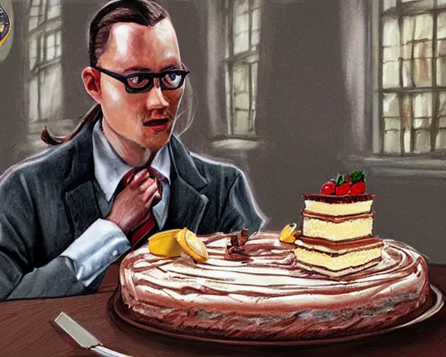 Image similar to Forrest gump eating a cake in hogwarts, digital art, highly detailed, in the style of Heraldo Ortega