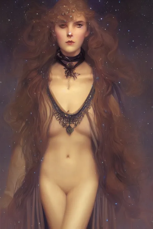 Image similar to Nocturne, glowing, stars, a long-legged occultist woman, long hair, choker, highly detailed, mysterious, ethereal, haute couture, illustration, dramatic lighting, soft details, painting, by Edmund Blair Leighton, Brom, Charlie Bowater, trending on artstation, faces by otto schmidt