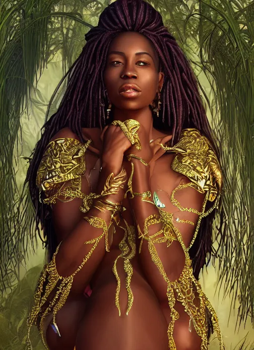 Prompt: real photoshoot west african queen of the nile, glowing dark brown skin wearing iridescent jewelry and wrapped in many flowy fabrics, river crocodile, ornate clothing, ultra realistic, concept art, intricate details, mysterious, highly detailed, photorealistic, octane render, 8 k, unreal engine. art by artgerm greg rutkowski charlie bowater magali villeneuve alphonse mucha