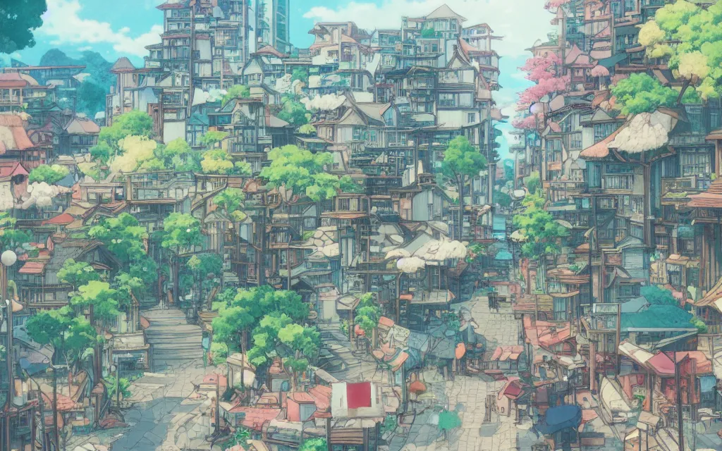 Image similar to a japanese city near the sea, lofi, dreamy, moody, very colorful, anime inspiration, ghibli vibe