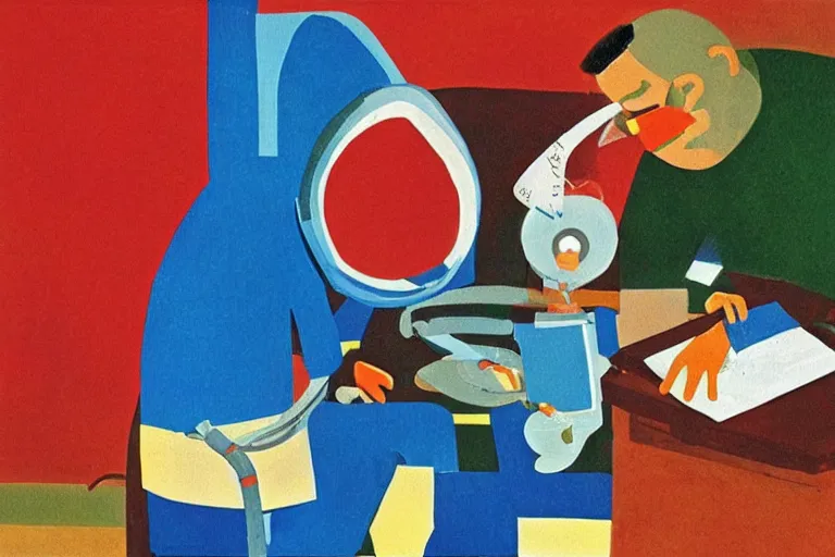 Prompt: a doctor performing surgery on a rocket, eric carle, peaceful mood