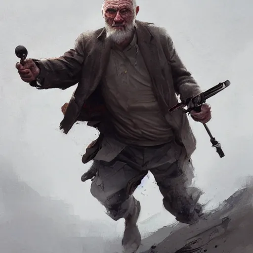 Image similar to old man portrait, throwing hand grenade, greg rutkowski art