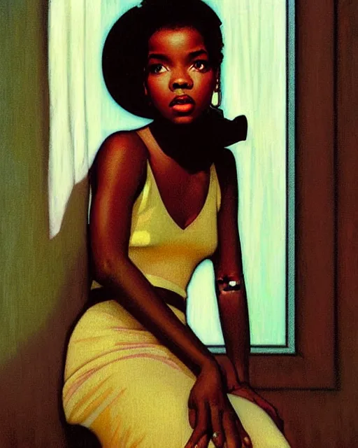 Prompt: oil painting of young lauryn hill in 1 9 3 0 s manhattan penthouse rainy window, deco skyscrapers faintly visible outside, oil painting, by mucha, enoch bolles, shaun tan, edward hopper, artgerm, wlop glossy skin, pearlescent, very coherent, iconic