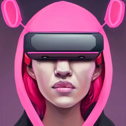 Prompt: Portrait of a woman by Greg Rutkowski, symmetrical face, a girl withj neon pink bob hair using a VR Headset, Kubric Stare, crooked smile, she's wearing an oversized hoodie, highly detailed portrait, scifi, digital painting, artstation, book cover, cyberpunk, concept art, smooth, sharp foccus ilustration, Artstation HQ