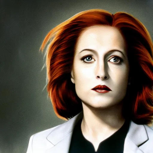 Prompt: masterpiece full body portrait of Scully from the X-Files, hair blowing in the wind, eerie fog, dramatic lighting, 8k