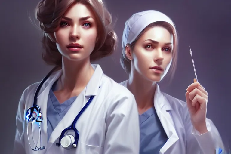 Image similar to an elegant and beautiful female doctor in a white coat in a ward, cinematic, highly detailed, digital painting, artstation, concept art, matte, sharp focus, illustration, art by artgerm and greg rutkowski