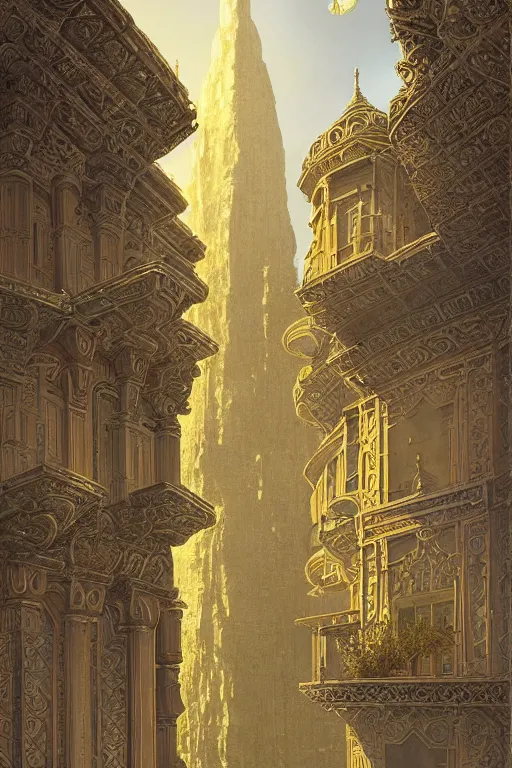 Image similar to ancient silver tower of the moon, distance view, fairytale illustration, elaborate carved latticed balconies, tall windows, moorish architecture, formal gardens, dramatic cinematic lighting, soft colors, golden age illustrator, unreal engine, by Andreas Rocha and Ludwig Deutsch and (Maxfield Parrish)