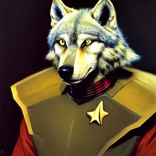 Image similar to a portrait of a wolf dogman canine star trek chief engineer. highly detailed painting by gaston bussiere, craig mullins, j. c. leyendecker, furry