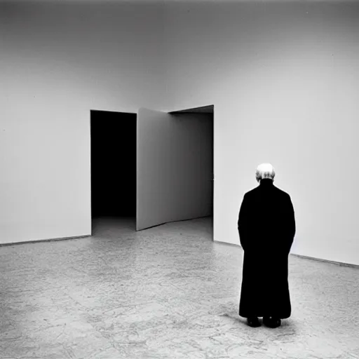 Prompt: Marcel Duchamp in a empty white void, tri-x, Trent Parke, archival pigment print