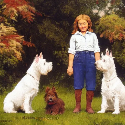 Prompt: a family of west highland terriers in the style of norman rockwell