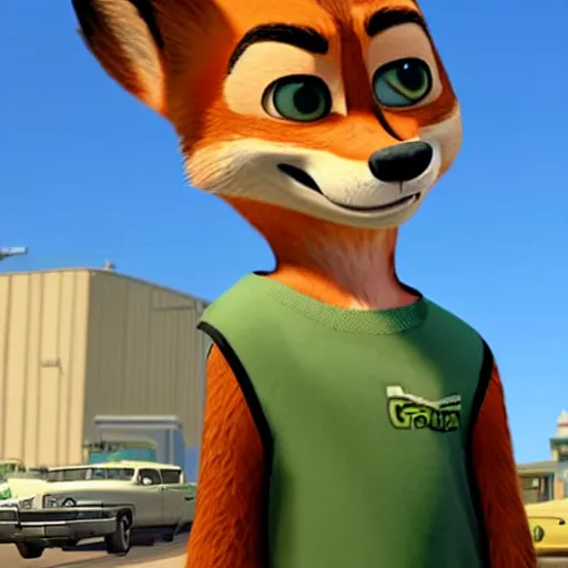 Prompt: Grand Theft Auto: San Andreas loading screen featuring Nick Wilde (from Zootopia)