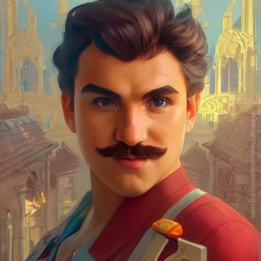 Prompt: wide shot of man super mario, highly detailed, digital painting, artstation, illustration, art by artgerm and greg rutkowski and alphonse mucha