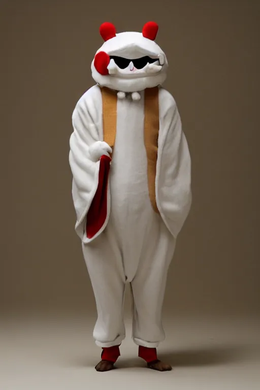 Image similar to 35mm of a very cute, simple minimal, adorable and creative Japanese momonga mascot character costume, full body and head view, very magical and dreamy, designed by Gucci and Wes Anderson, kawaii, magical details