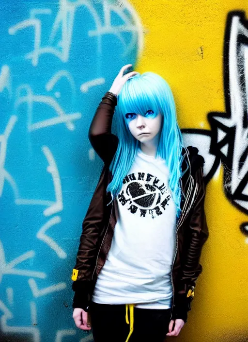 Prompt: highly detailed portrait of a city punk lady student, blue eyes, hoodie, white hair by akihiko yoshida, gradient yellow, black, brown and cyan blue color scheme, grunge aesthetic!!! ( ( graffiti tag wall background ) )