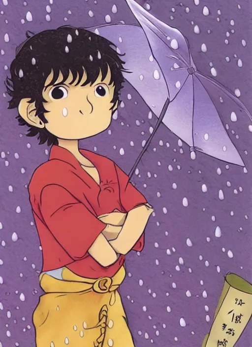 Prompt: karkat vantas in the rain, illustrated by naoko takeuchi, pastel colors, detailed linework, rule of thirds