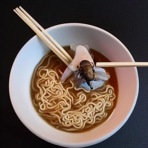 Image similar to wise old fly with a white beard eats ramen with chopsticks, anime, fantasy