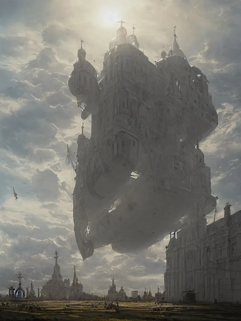 Prompt: a large dieselpunk airship is standing in the air over a splendid white church in russia, full morning sun, matte painting by greg rutkowski, markus vogt