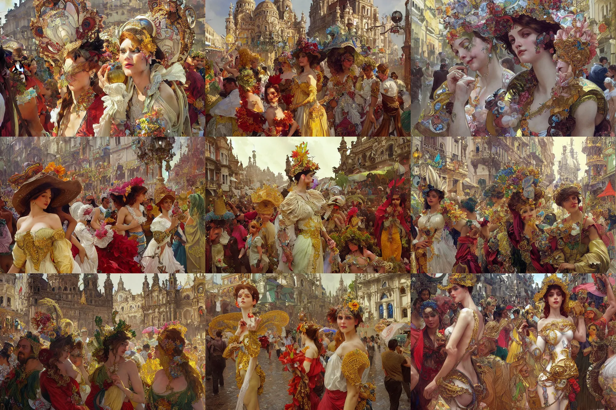 Prompt: a beautiful realistic painting of the carnaval of the city of salvador, brazil, intricate, elegant, highly detailed, digital painting, artstation, concept art, by krenz cushart and artem demura and alphonse mucha
