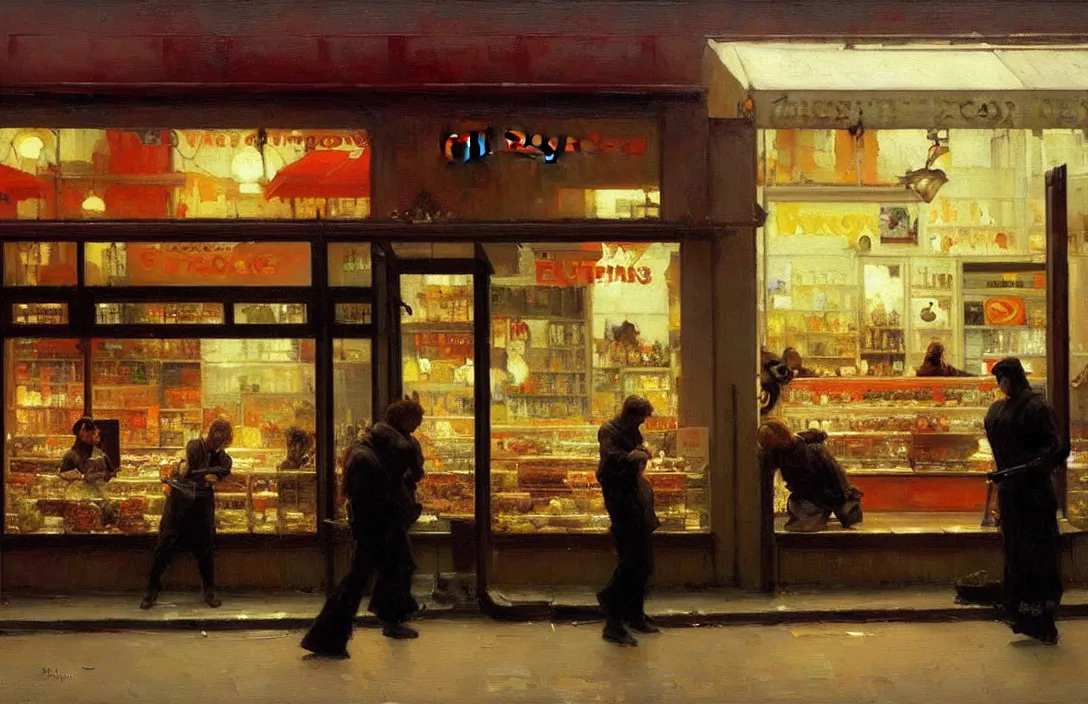 Image similar to a take away food shop front, detailed painting, epic lighting, by ilya repin, phil hale and kent williams