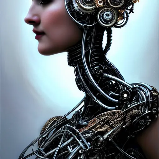 Prompt: portrait of the beautiful young robotic goddess of metal, surreal, fantasy, intricate, mechanical, elegant, dramatic lighting, emotionally evoking symbolic metaphor, highly detailed, gears, lifelike, photorealistic, digital painting, painterly, artstation, concept art, smooth, head in focus, sharp focus, illustration, art by John Collier and Krenz Cushart and Artem Demura and Alphonse Mucha and Albert Aublet,